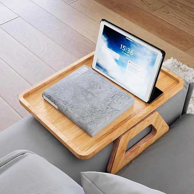 product bamboo clip on sofa table foldable armrest tray lacquer finish for holding drinks mobile phones sofa arm holder for living room-10