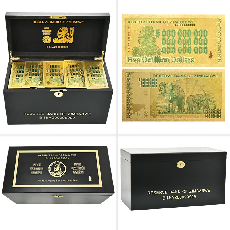 100 pcs Zimbabwe Five Octillion Dollars Gold 999 zimbabwe paper banknote 