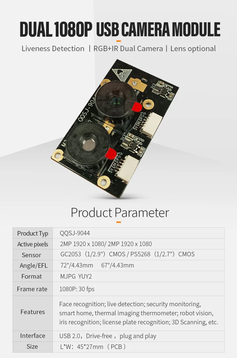 1080P Color Wide Angle IR Face Recognition HDR 2MP Monitoring Binocular Camera Module Usb GC2053 PS5268插图 1080P Color Wide Angle IR Face Recognition HDR 2MP Monitoring Binocular Camera Module Usb GC2053 PS5268插图