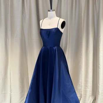 2025 Elegant Blue Satin Ball Gown Women Long Summer Sleeveless Bridesmaid Prom Dress Sexy Backless Embroidery Pattern Wedding