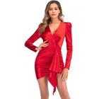 Red New Hot Style Womens Spring And Autumn Long-Sleeved Sexy V-Neck Party Red Dress