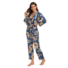 Sleeping Pajamas Custom Women Silky Satin Embroidery Terno Pajamas Adult Night PJs 3 Pcs Floral Silky Sleeping Suit