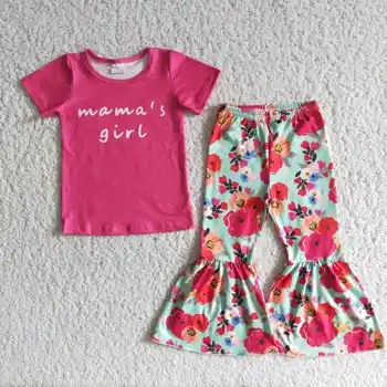Girl next door White rose cotton jacket with red orange floral print green bell-bottom trousers Boutique two-piece set