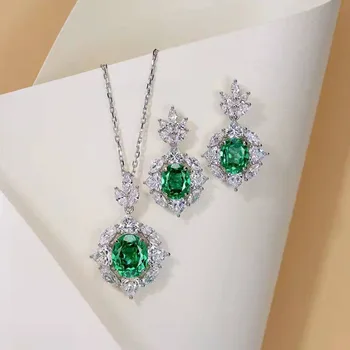 Aimgal S925 Sterling Silver Rhodium Plating Lab Paraiba Luxury Pendant Necklace Earrings Fine Jewelry  Set Tarnish Free