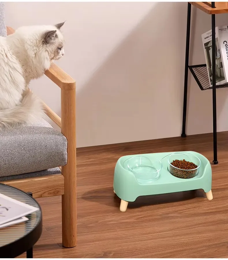 Dougez Customizable Pet Double Bowl with Glass Bowls Anti Knock Food and Water Bowl for Dogs Cats Easy to Clean Pet Supplies factory