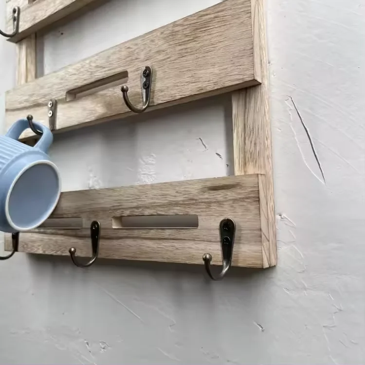 wooden Coffee Mug Holder Rustic Wall Mounted Cup Organizer wood Hanging Rack