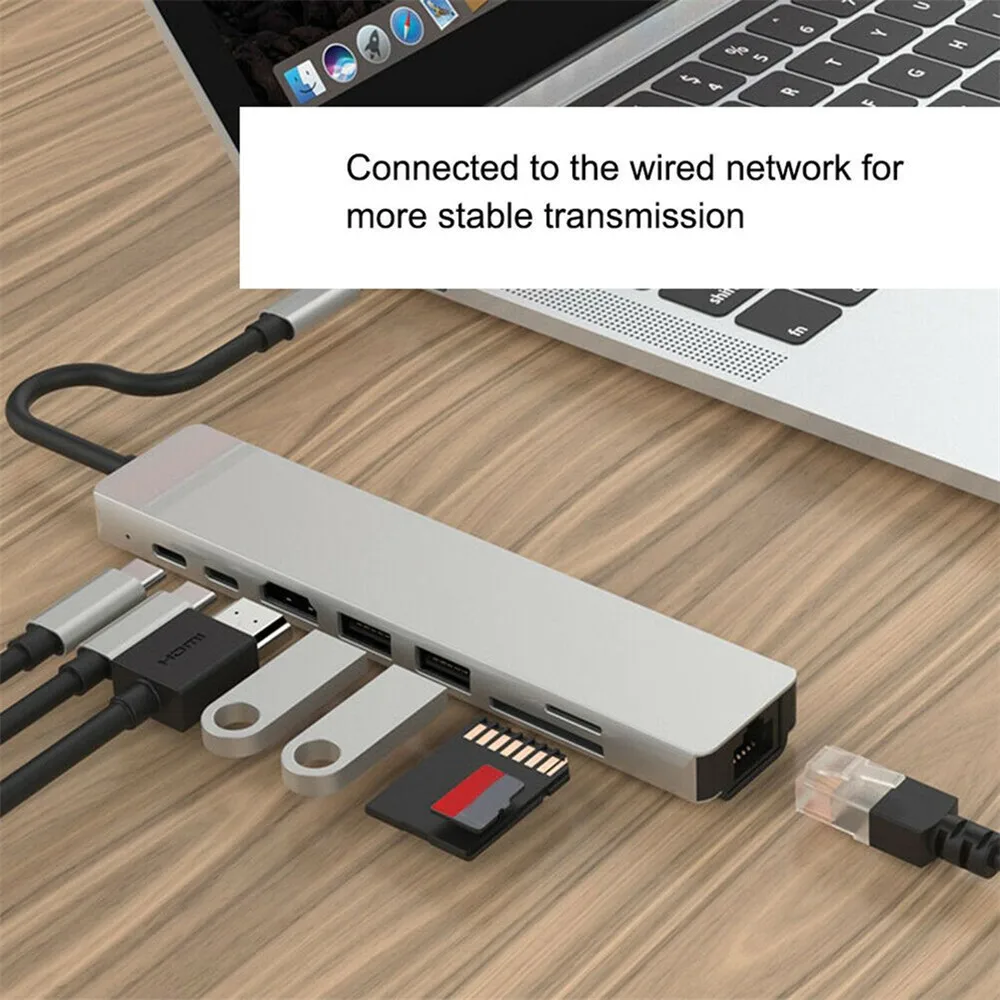 8 en 1 Typt-C USB Type C vers HD RJ45 Gigabit Ethernet Adaptateur USB 3.0 HUB Dock avec lecteur de carte PD Chargeur 87W 4K Multi Adaptateur