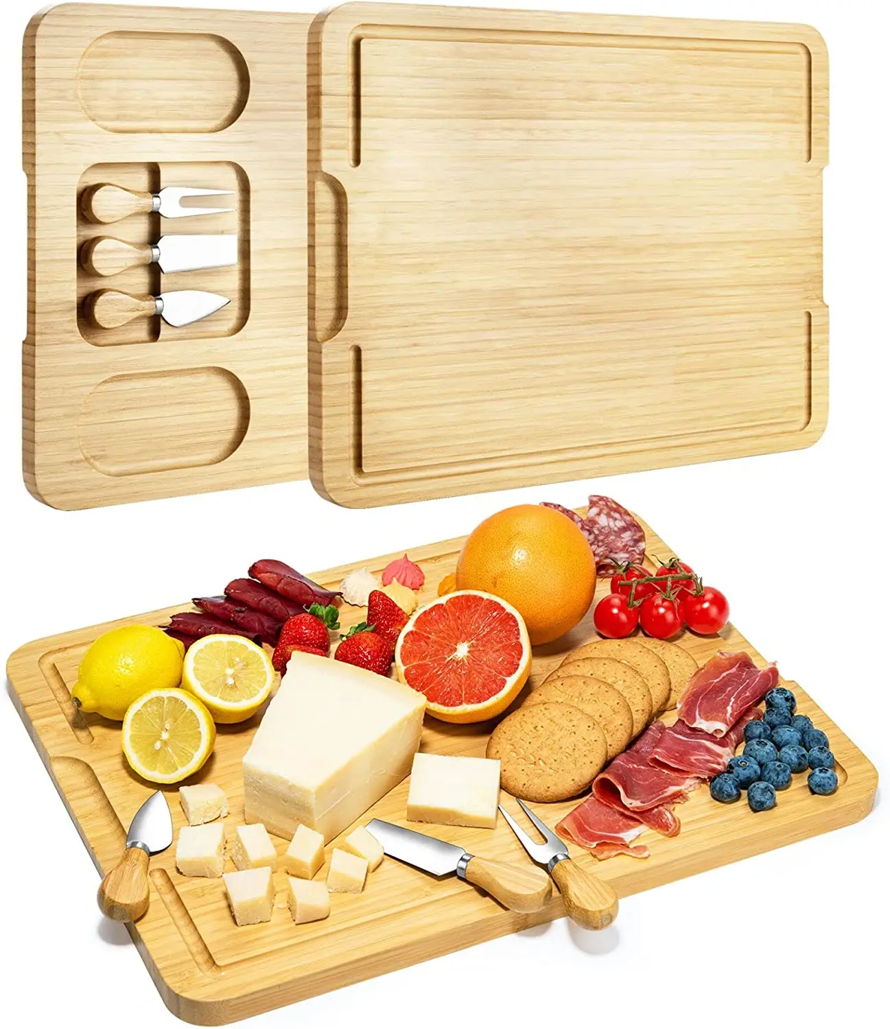product unique rectangle bamboo charcuterie board set includes magnetic knife set for cheese and cutting gifts-6