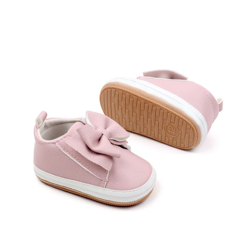 2024 Baby Girl Toddler Soft PU Material Shoes with Large Bow Hook Loop Design Flat and Non-Slip Rubber Bottom Solid Color details