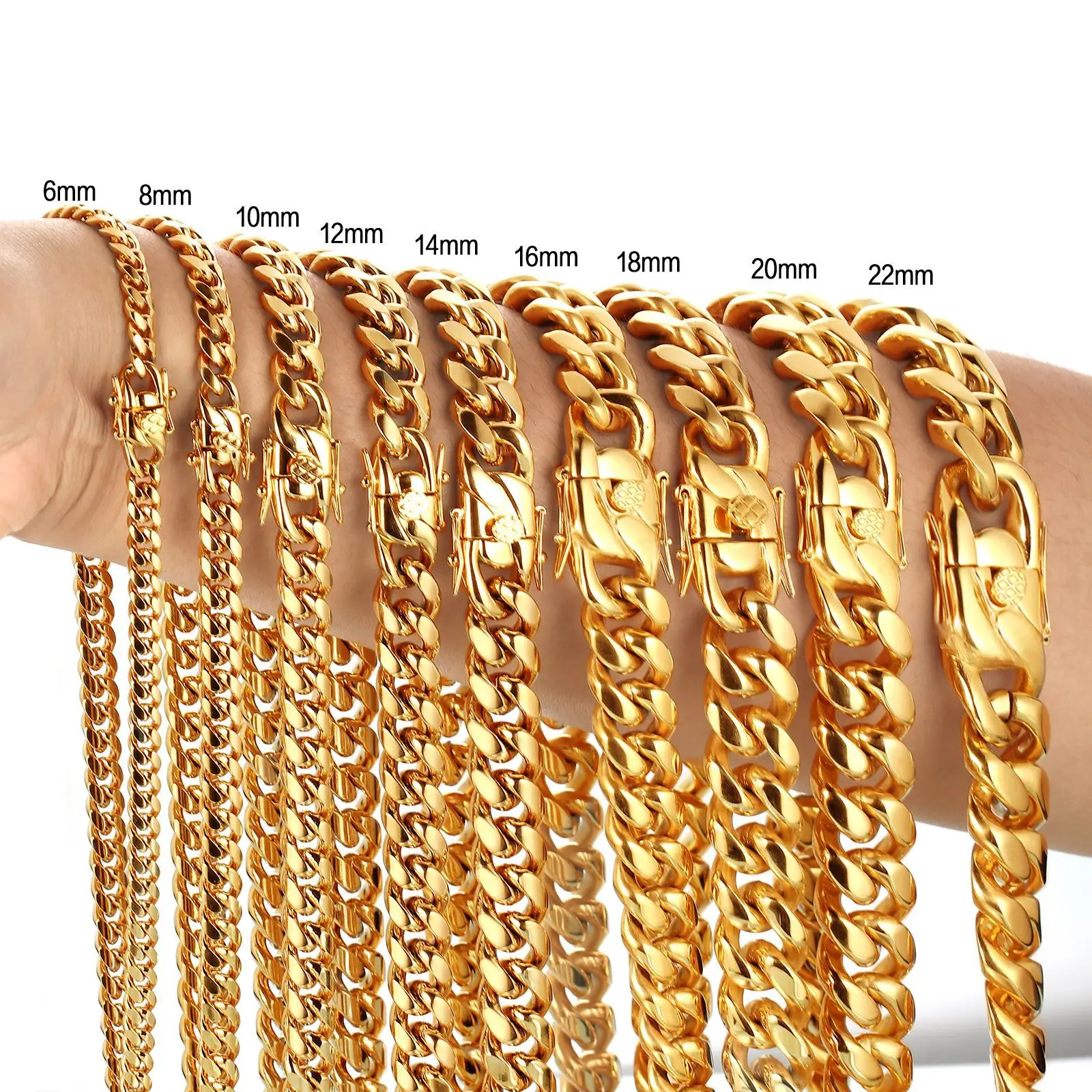 18K Gold/Black Plated 3mm/6mm/9mm/12mm Wide 18/20/22/24/26/28/30 Long 316L Stainless Steel Miami Cuban Chain for Men Women 