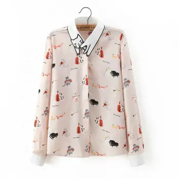 Newest spring autumn design looks unique cat collar animal print women's chiffon animal print blouse woman