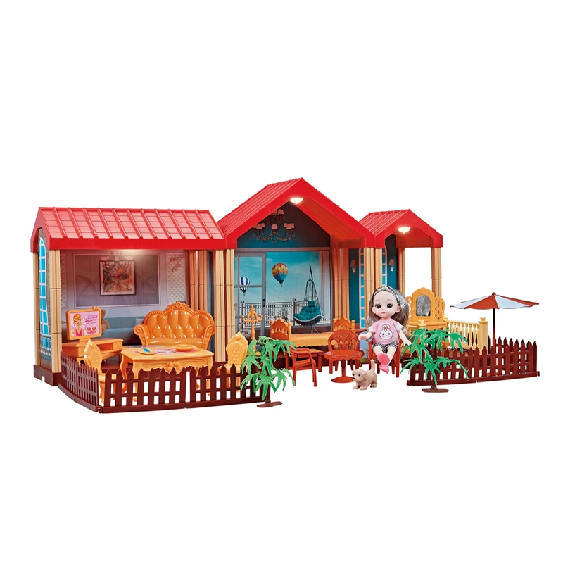 98pcs villa diy doll house for girls miniature furniture toy with light with dolls