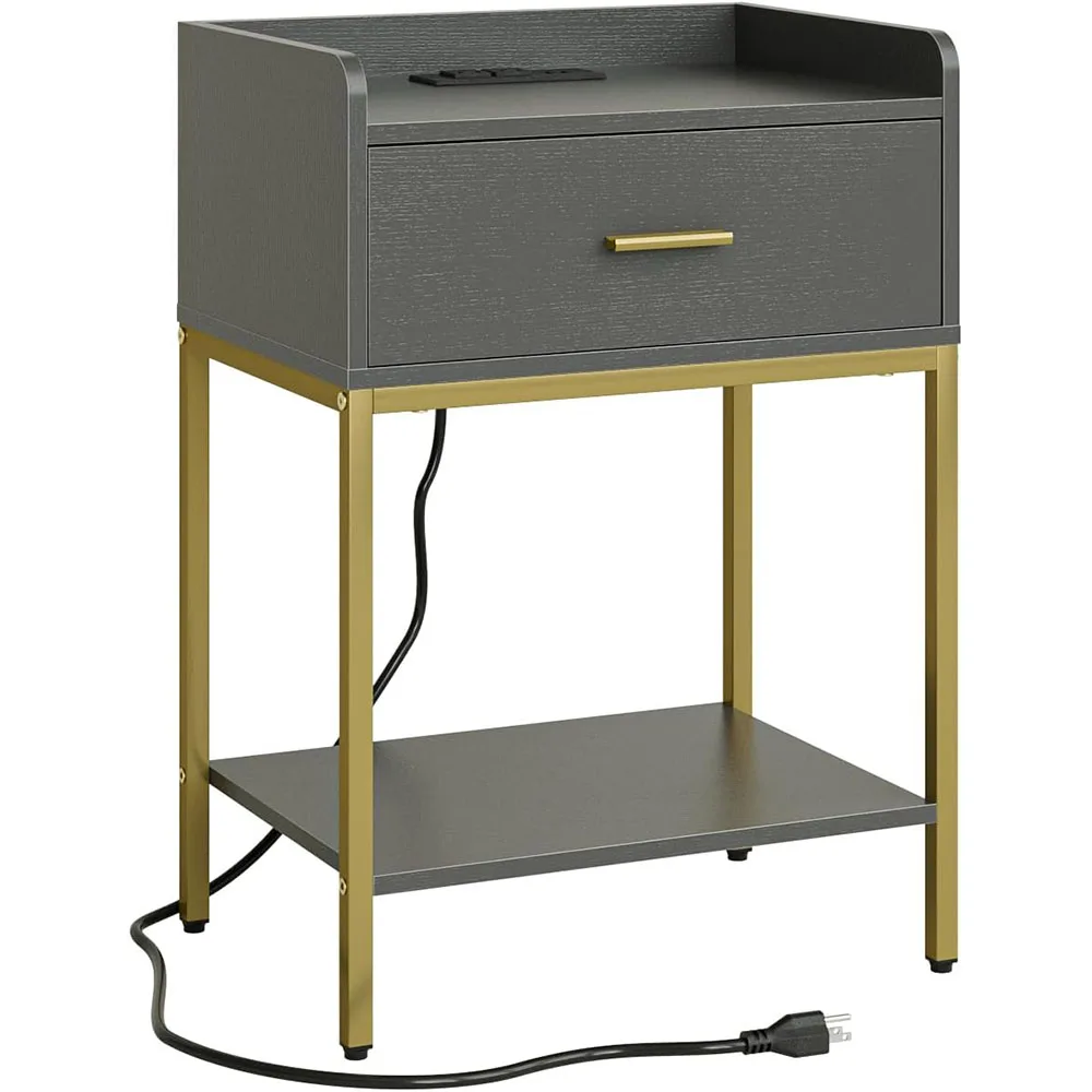 Modern Wood Nightstand Charging Station 3-Tier Storage Drawer Shelf for Bedroom & Living Room Grey details