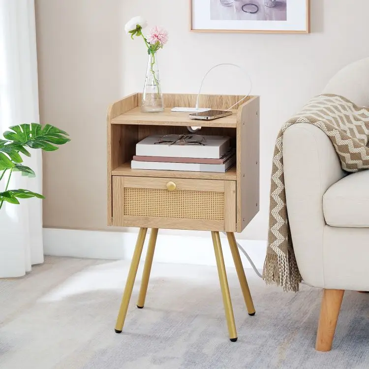 Modern Rattan 1 Drawer Beige Bedside Table Bedroom Furniture Wooden Nightstand Bedside Cabinet With Charging Station Usb Ports