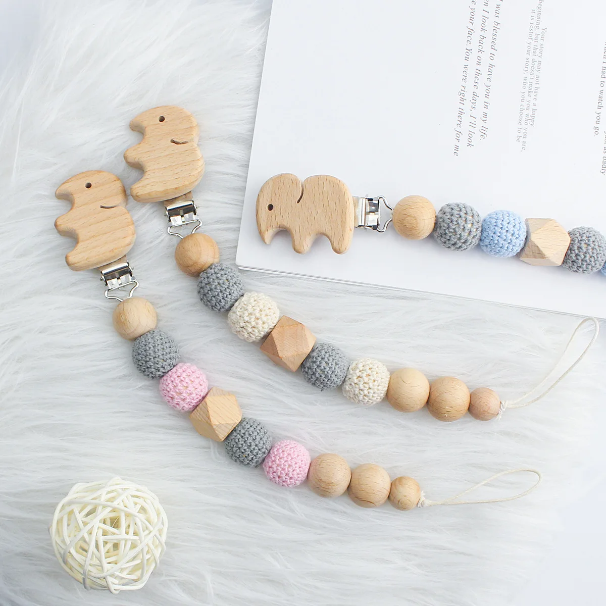 Hot Sale Safety Baby Silicone Beech Pacifier Chain Baby Comfort Toys Gum Wooden Clip Chain Children's Animal Elephant Gum Chain