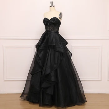 2019 Long Girls Prom Dress Strapless Rihestones Beaded Black Evening Ball Gown