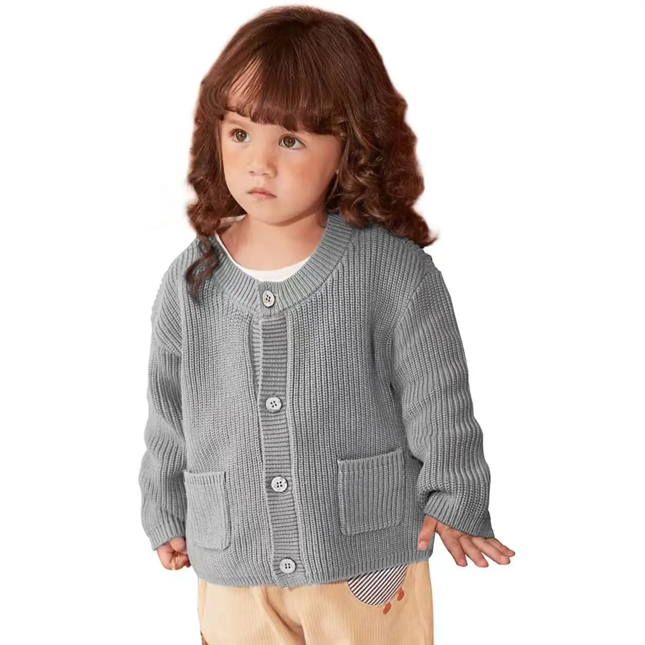 Customize children's clothing organic cotton winter front pocket button rib-knit toddler kids baby little girls cardigan sweater