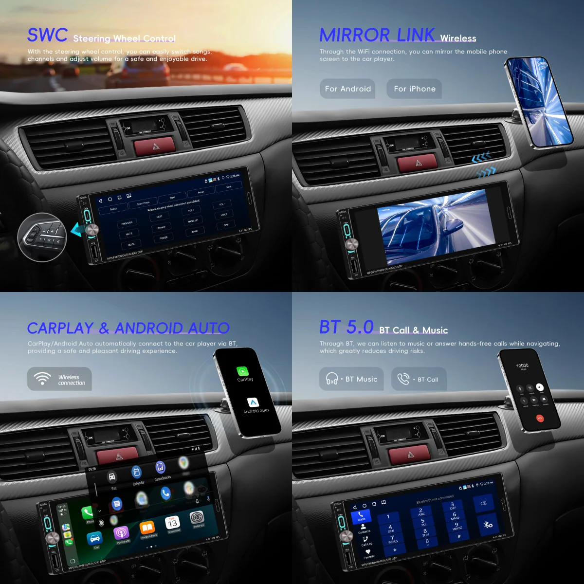 android auto gps wifi bt usb ips display split screen knob control a4505-3