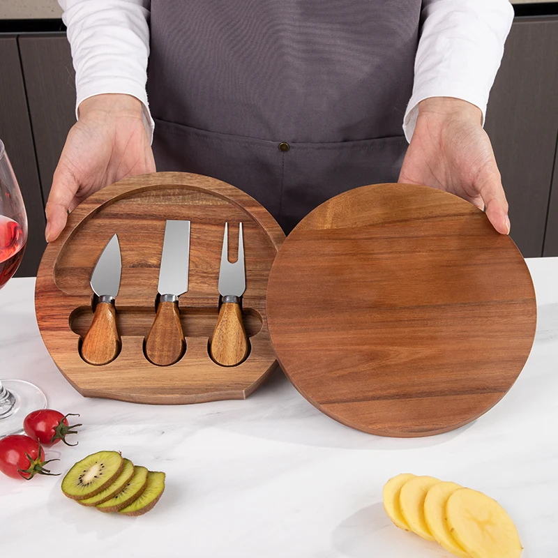Customized Round Acacia Cheese Platter Wood Charcuterie Board Cheese Board and 3 Knife Set