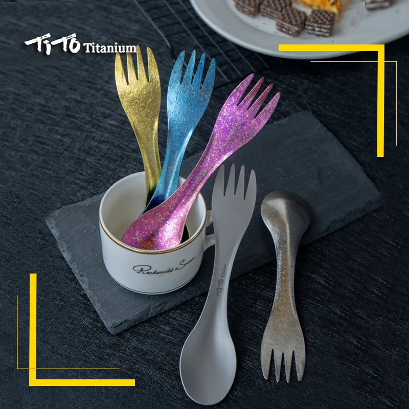 TiTo Tenedor cuchara de titanio ligero port/átil al aire libre cena cuchara tenedor cena cubiertos al aire libre camping spork con abrebotellas