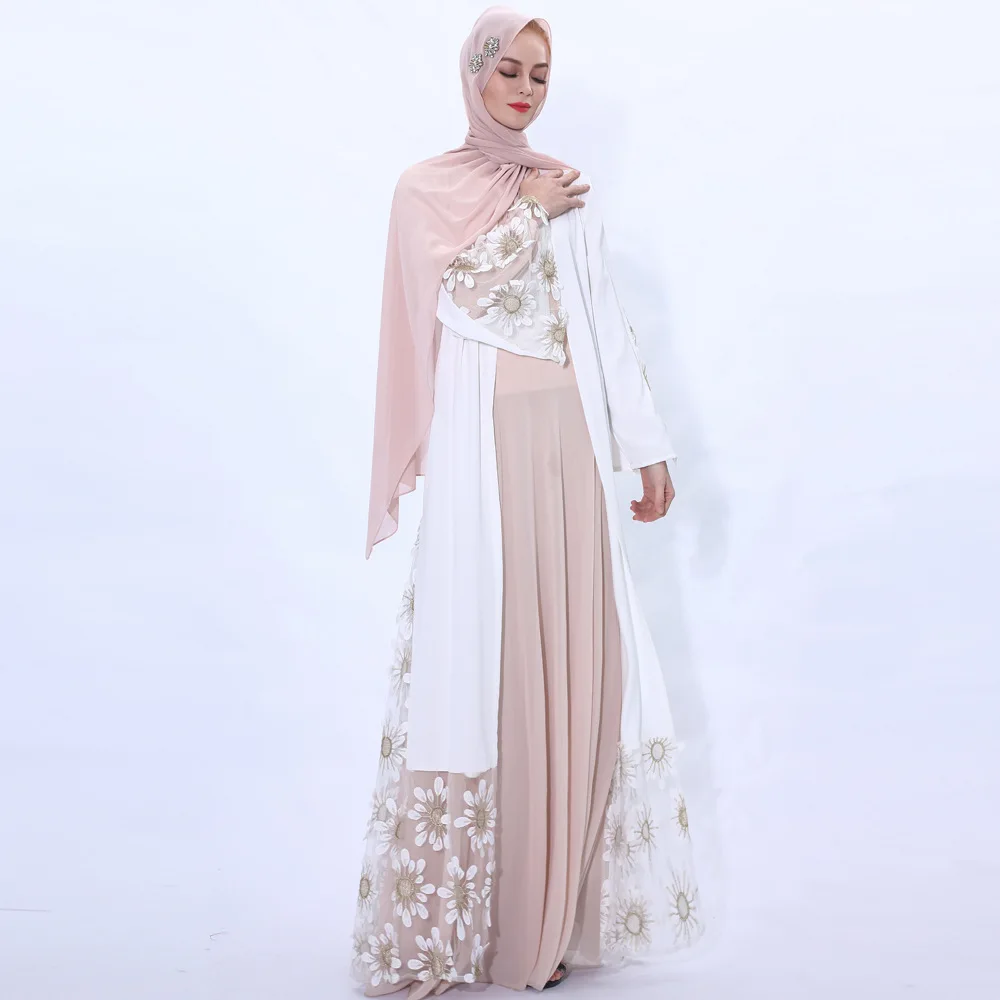 New Design Embroidery Ramadan Women Open Abaya Floral Outer