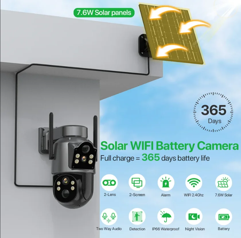 iCsee Outdoor WiFi Camera Dual Lens 7.6W Solar Panel Built-in Battery PTZ Camera Wireless 4MP Security Dual Lens Solar Camera