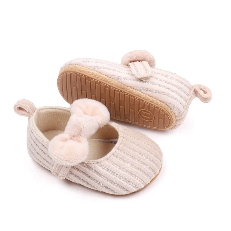 Spring and Autumn Plush Bow Striped Soft Soled Toddler Shoes for Baby Girls factory
