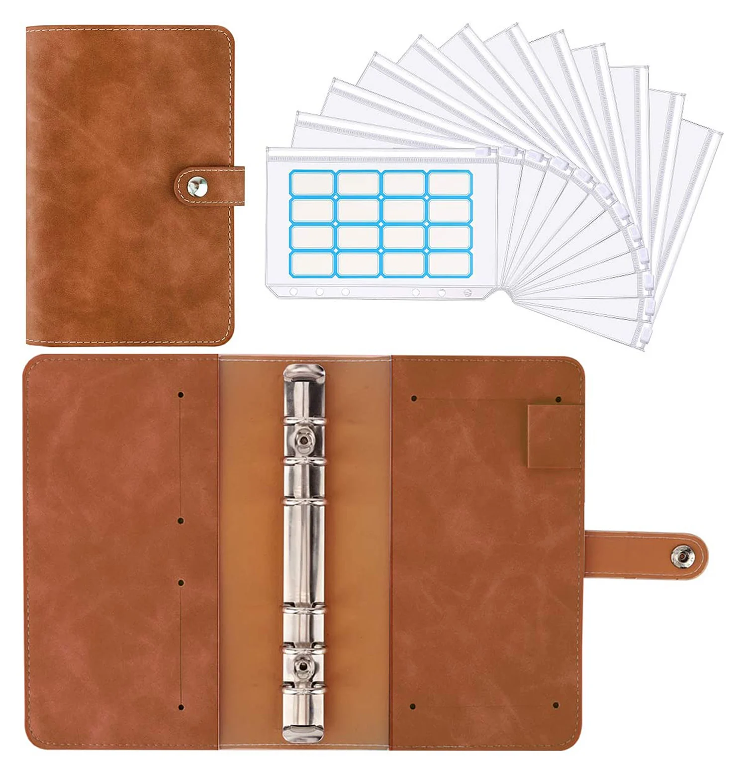 Khaki A6 Binder Notebook 6-Ring Loose Leaf PU Leather Binder Cover Folder Budget Planner with 12 Clear Cash Envelopes Pockets & Label Stickers Budget Binder with Zipper Envelopes 