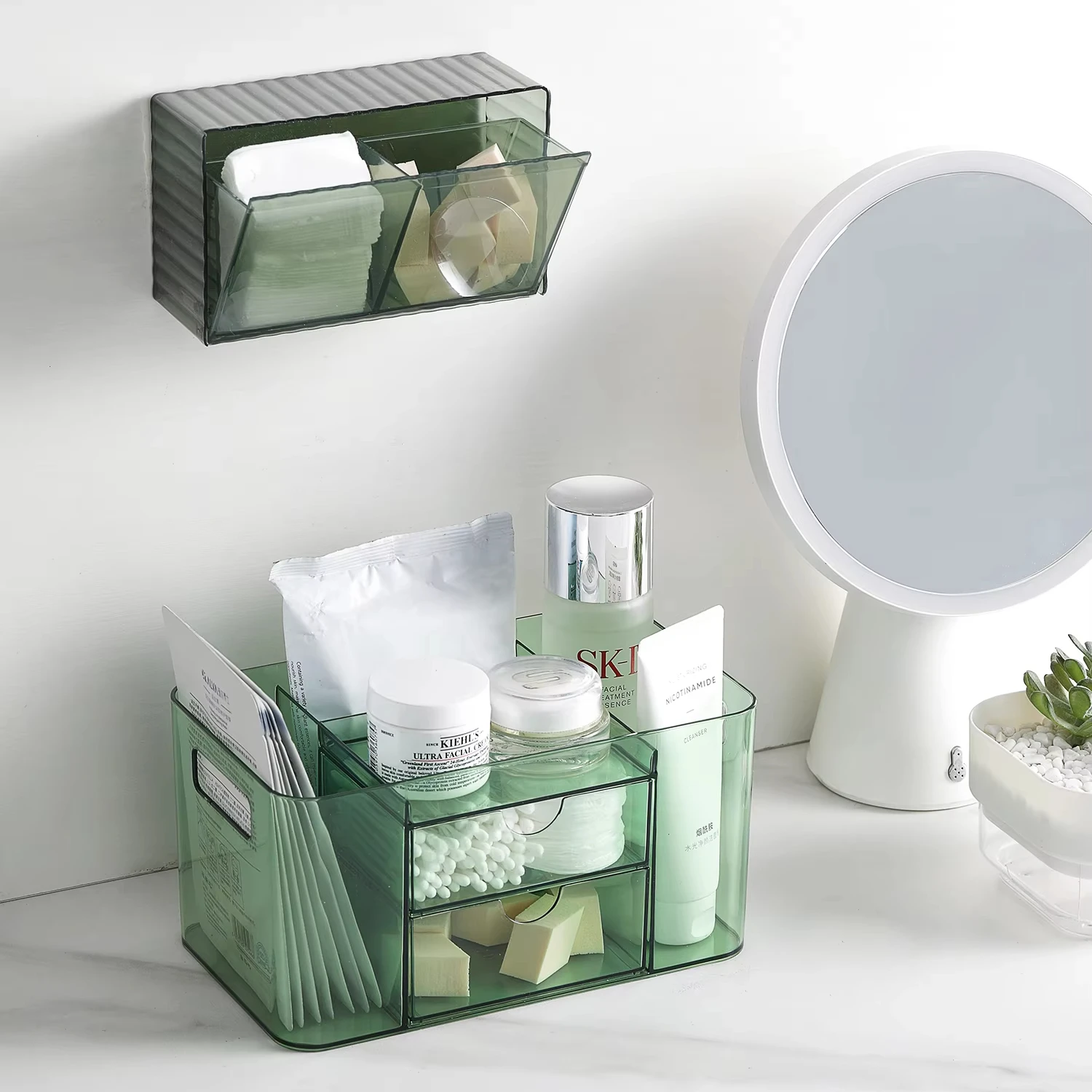 Multifunction Wall-mounted 2 Grids Cotton Swab Holder Jar Container Clear Cotton Pads Holder Cotton Ball Organizers In Stock