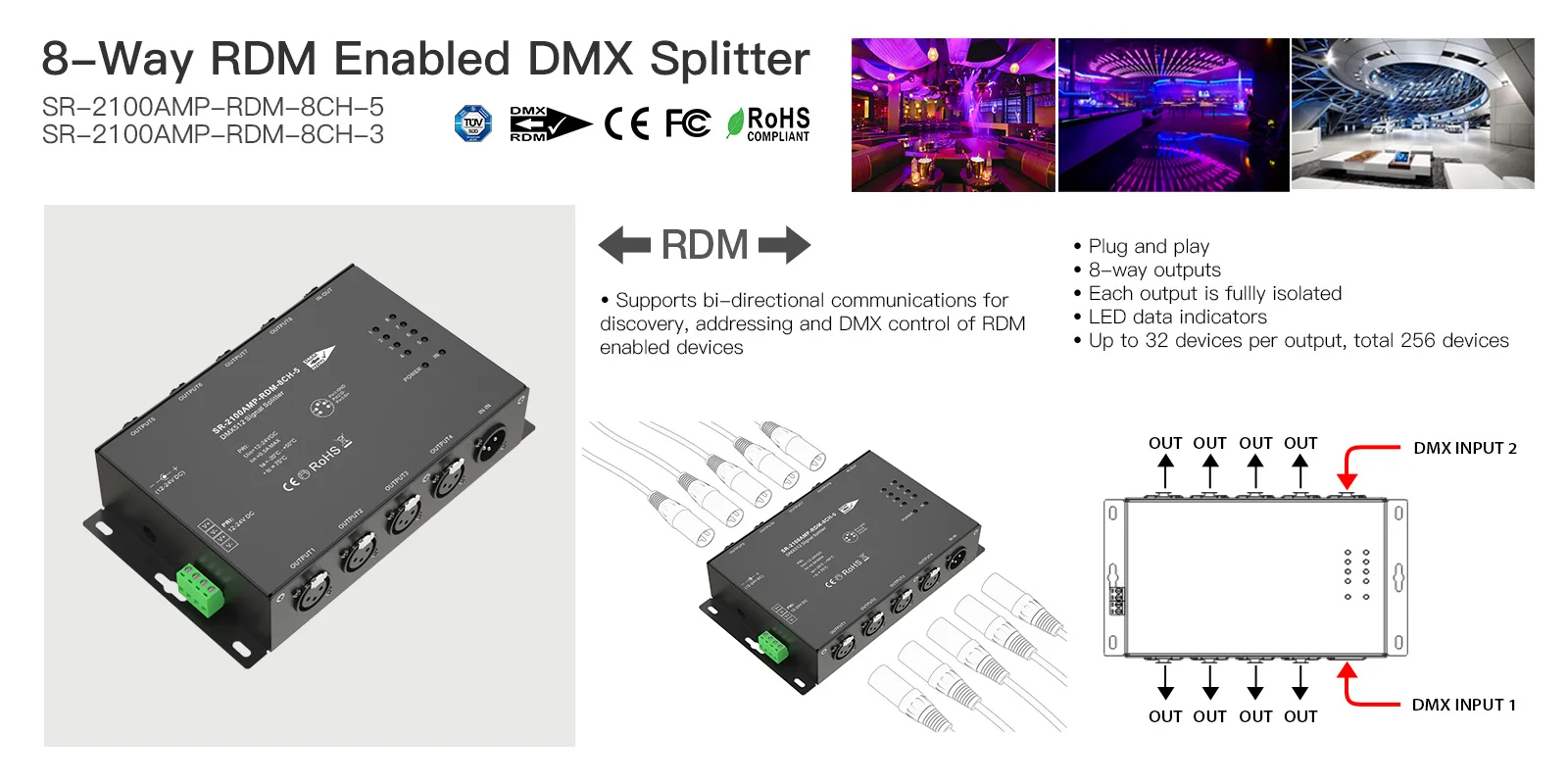 sunricher 8通道rdm启用dmx512信号中继器,具有不同端口