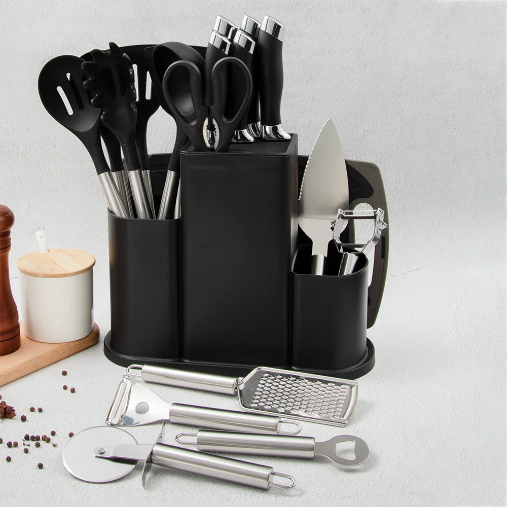 Factory wholesale 20pcs Silicone Kitchen Accessories With stainless steel Handle And Cuttings Board Storage Bucket utensils set