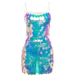 Fashion Colour Sequins Cami Mini Dress For Women 2023 Sexy Backless Booty Short Dress