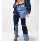Denim Fashion Patchwork High Waist Denim Trousers Flare Women Jeans 2021