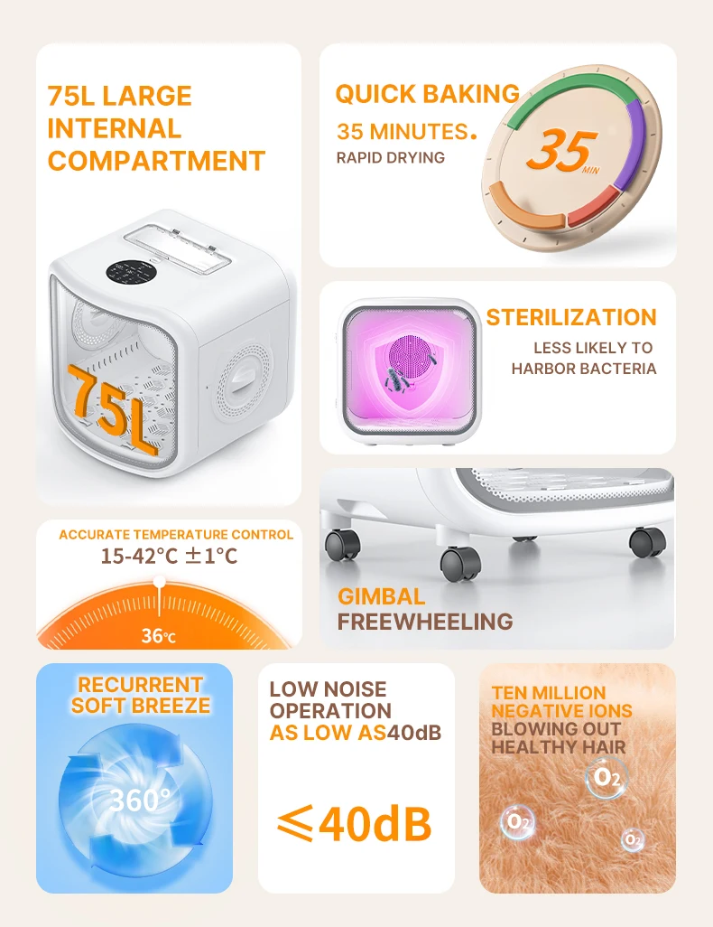 75L Smart Pet Dryer Box with Curved tempered glass 15 mins quick drying