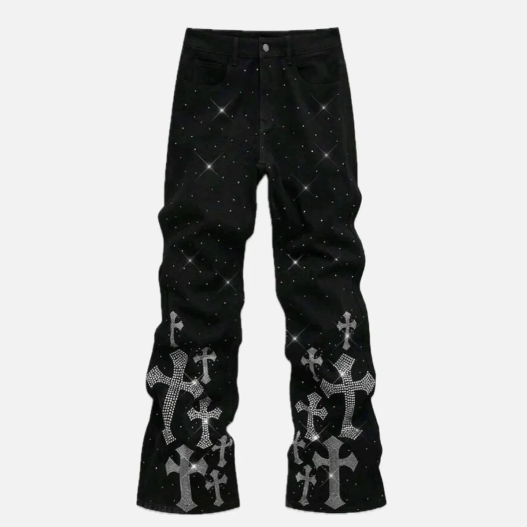 product custom luxury vintage washed mens jeans beaded rhinestone embellished streetwear wide leg denim pants oem odm custom available-1