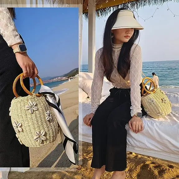 HUAYI 2023 Flower Pearls Rattan beach Bag straw Summer Beach Drawstring Straw Bucket Bag Diamonds Woven Handbag
