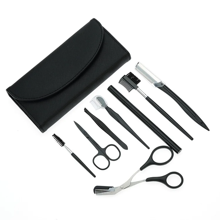 8-Piece Leather Bag Beauty Tools Kit Pencil Brush Trimmer & Eyebrow Scissors Shaper for Baby Hair Clippers