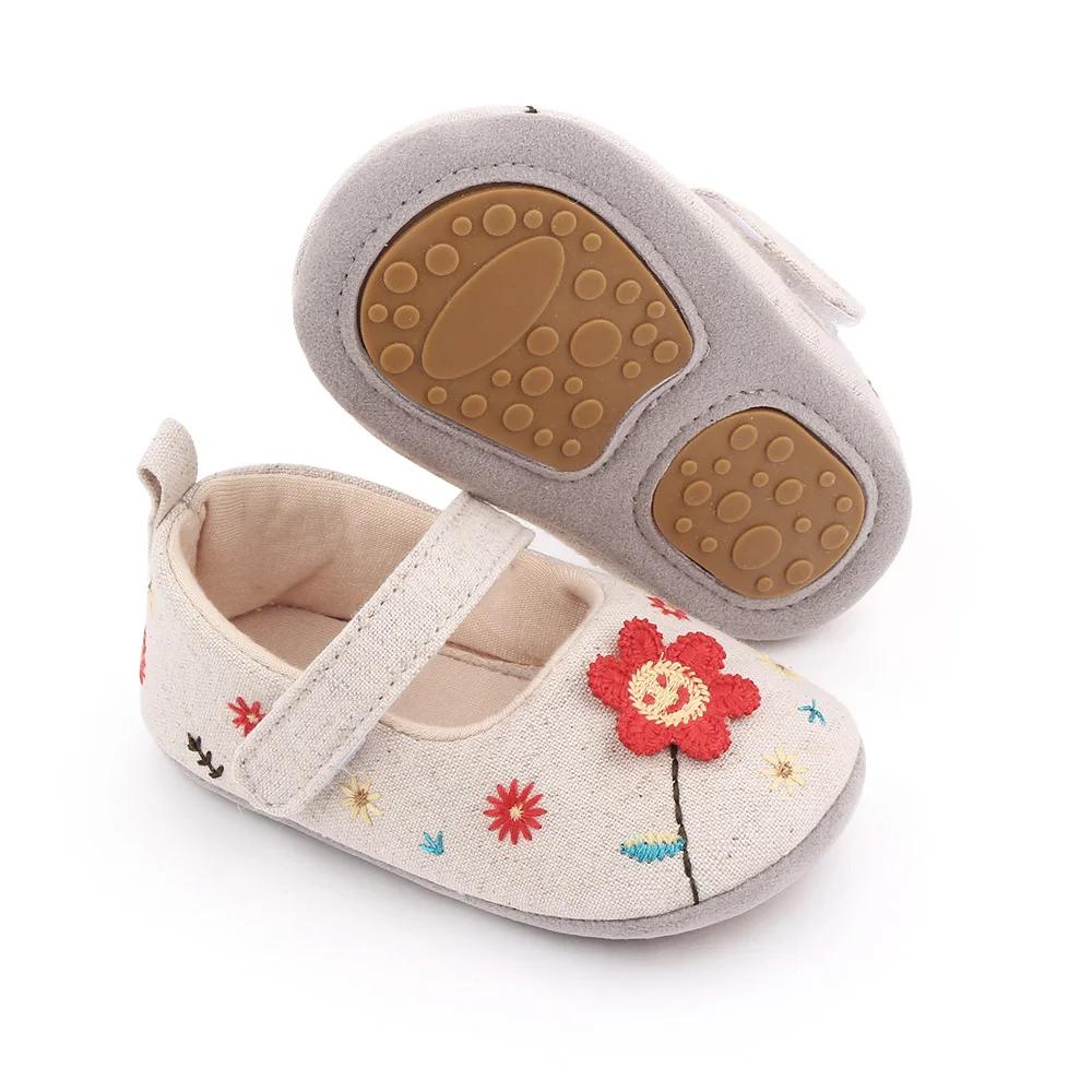 Spring and Autumn Cute Embroidery Flower Solid Color Soft Soled Baby Girls Princess Toddler Shoes factory