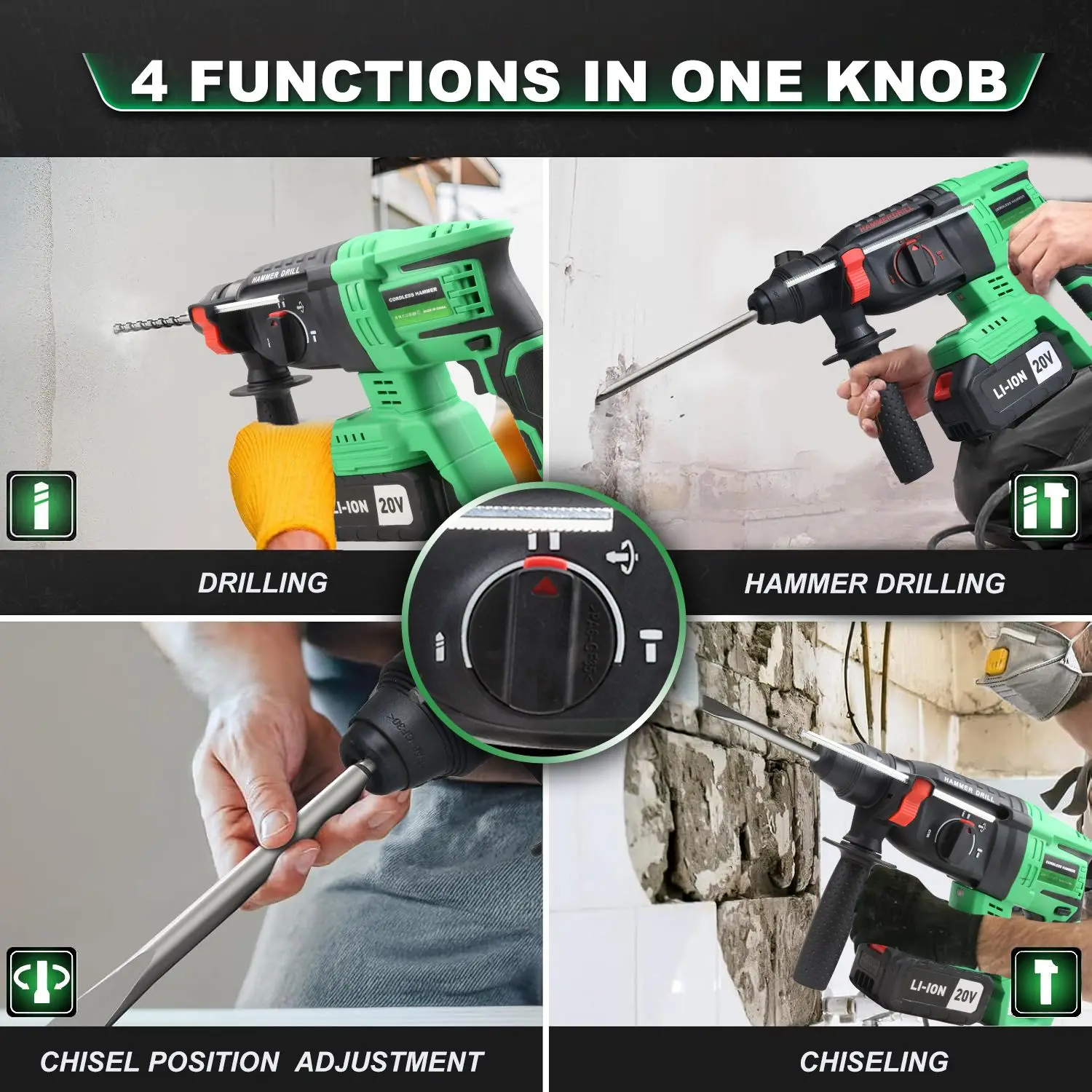 20V Cordless Hammer Drill, Electric Rotary Hammer for Demolition and Drilling