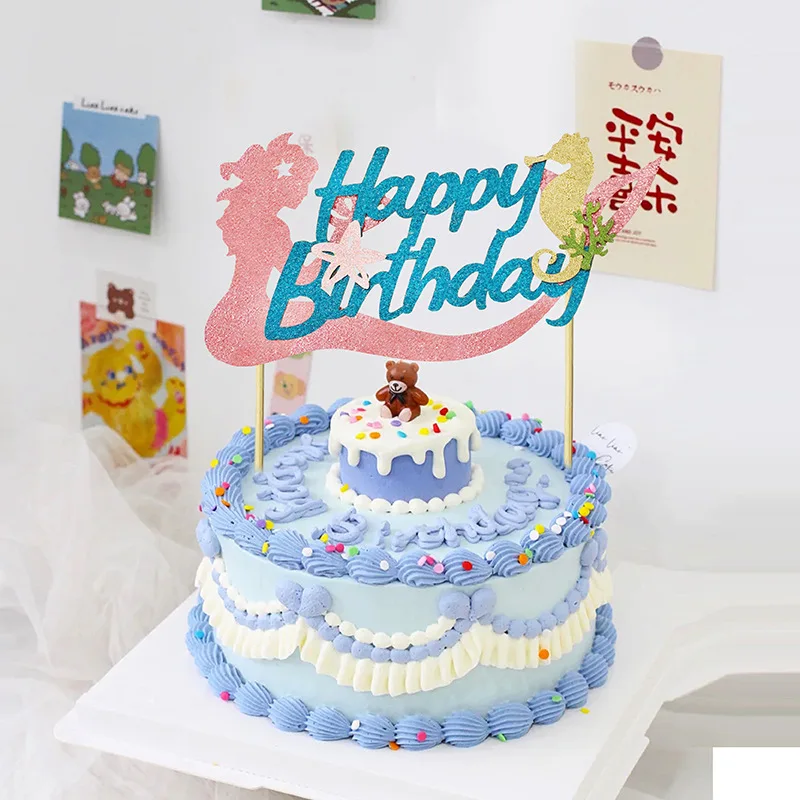 Seahorse Starfish Mermaid Happy Birthday Cake Insert Card Mermaid Theme Birthday Party Decoration Supplies