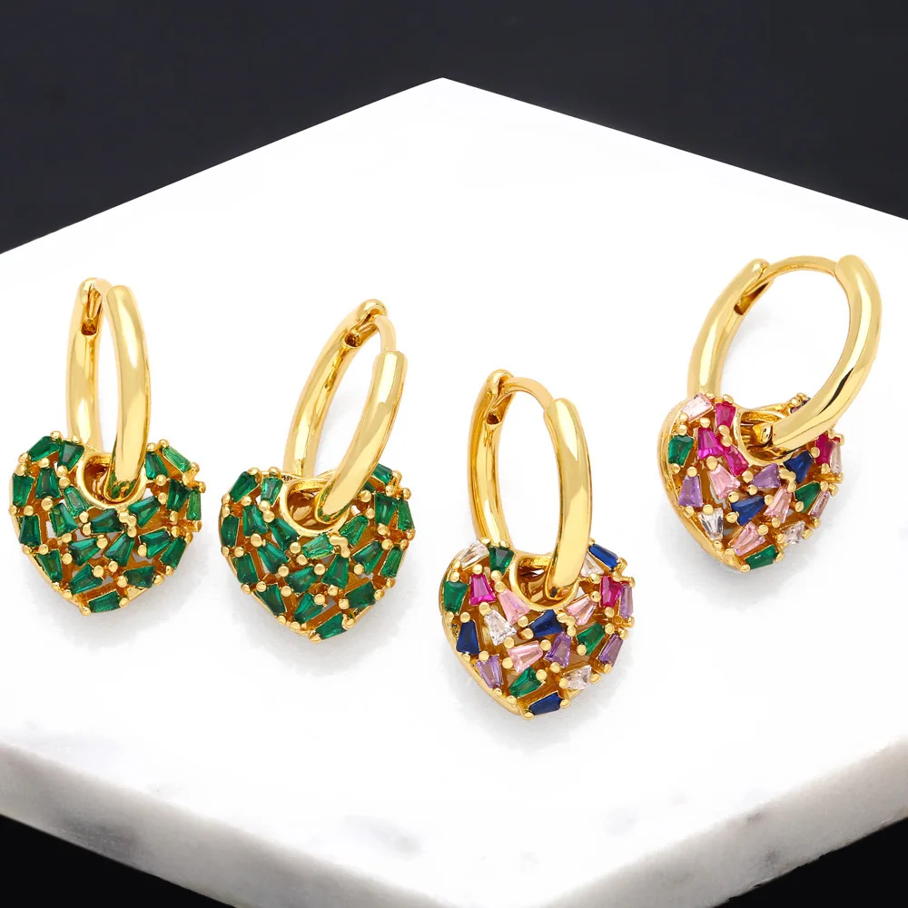 New arrival gold plated colorful zircon heart shaped fuchsia earrings for women
