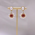 Red Earrings Baroque Natural Pearl Red Agate Wire Stud Earrings Gold-plated