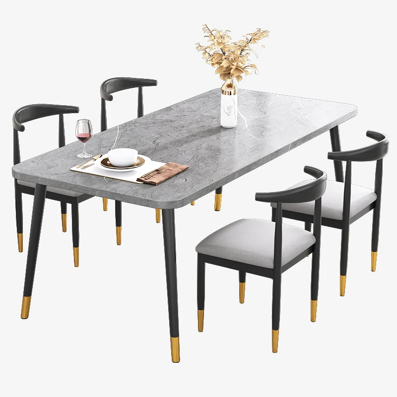 Stone Dining Table White Kitchen Table with Metal Legs 6 Seat Breakfast Table for Dining Room, Restaurant