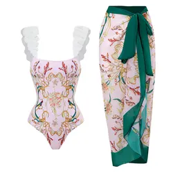 New Arrival Women's Sexy Sling Floral One-Piece Swimsuit Bikini Tie Chiffon Skirt Long Skirt Swimsuit Set