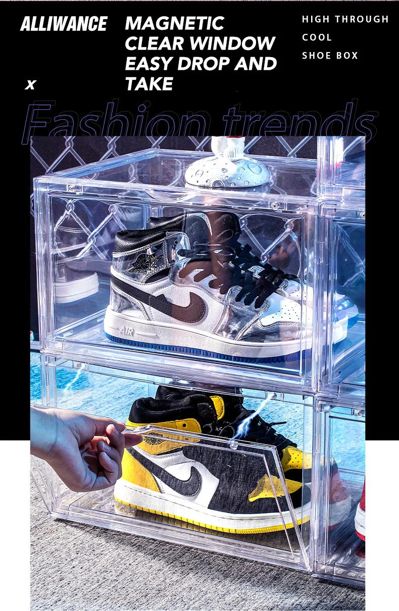 Hot Sale Transparent Shoe Display Box Magnetic Drop Front Shoe Storage Box Stackable PET Clear Sneaker Box