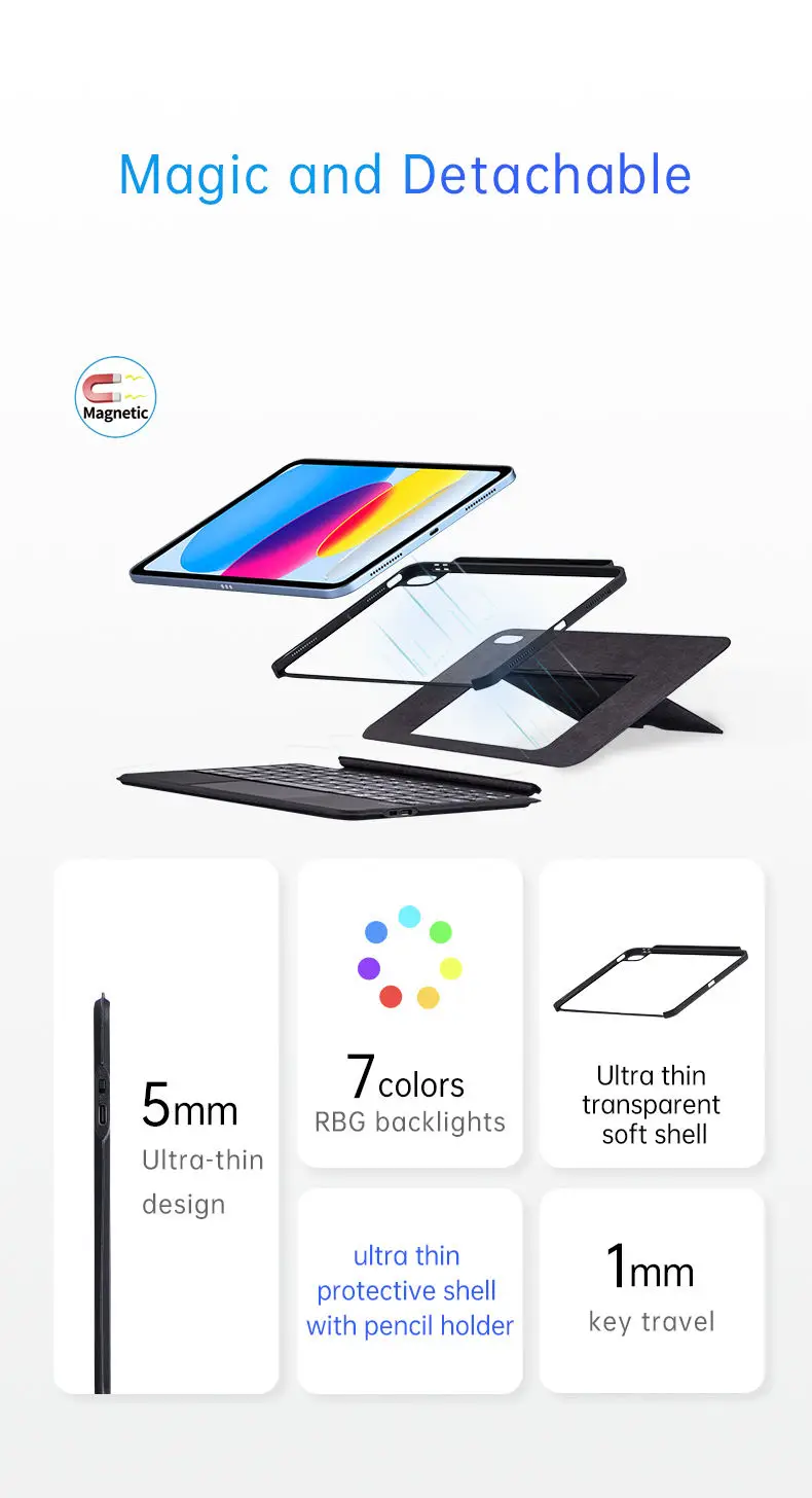product customizable magic detachable waterproof shockproof for ipad 10 keyboard case with pencil holder touchpad backlight new product-9