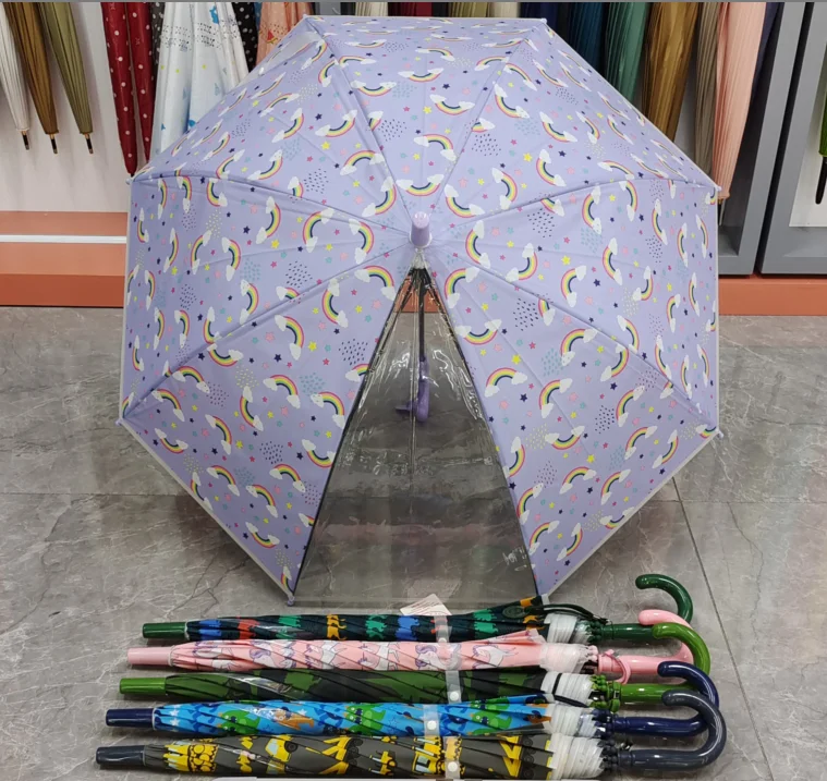 DD1773  One-piece Clear PVC Dome Bubble Umbrella Kids Transparent Carton Rain Umbrella with Easy Grip Handle