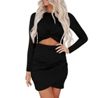 Sexy 1 Piece 2021 New Solid Color Irregular Sexy 1 Piece Hip Skirt Women Long Sleeve Hollow Out Dress
