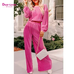 Dear-Lover Daily Solid Pleated Crop Top Comfort Wide Leg Pants Winter Sets For Women