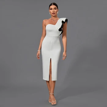 2022 One Shoulder Double Lotus Ruffled Patchwork Contrast Color Bodycon Formal Evening Going Out Bandages Dress For Ladies
